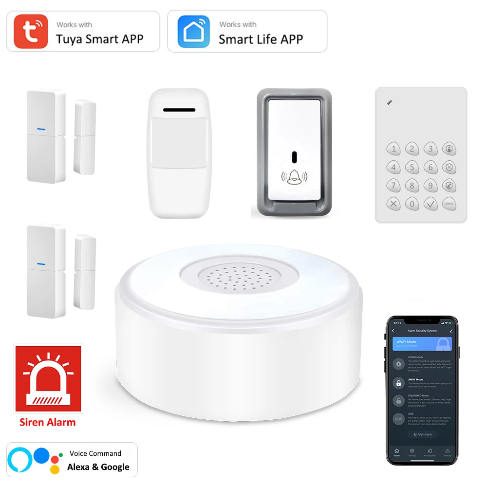 Tuya WIFI RF Siren Alarm System Wireless Home Security Alexa Google Voice Command Smart Life APP Remote Control DPK5