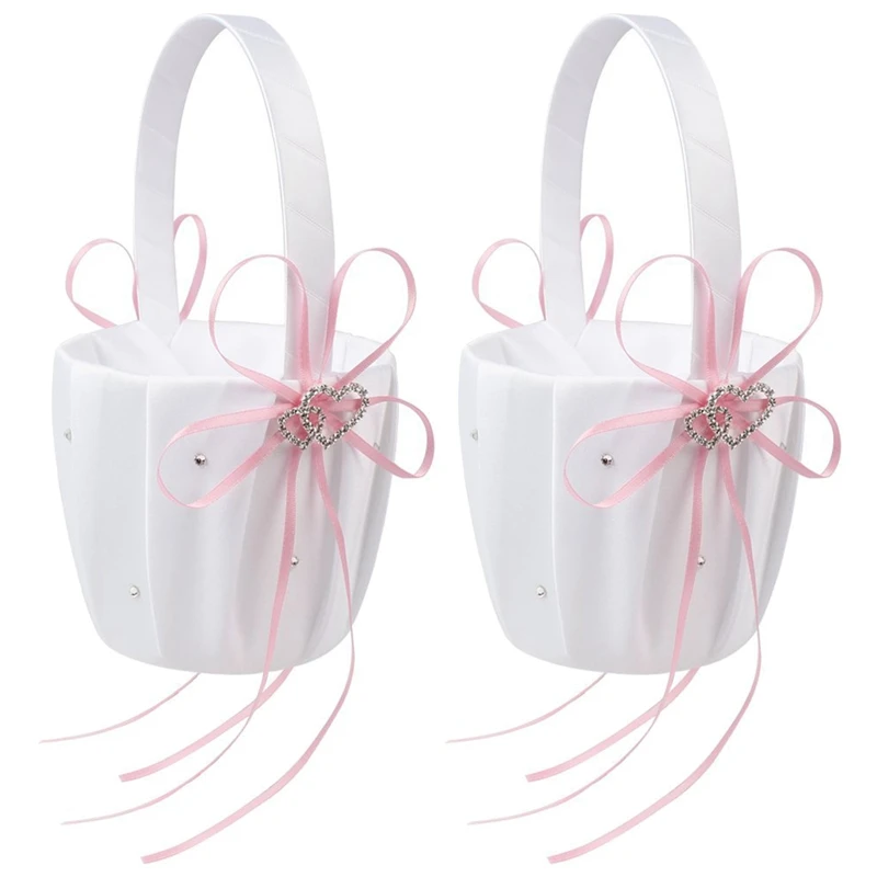 

2X Double Heart Wedding Flower Girl Basket White Satin Rhinestone Decor Pink Wedding Party Favor