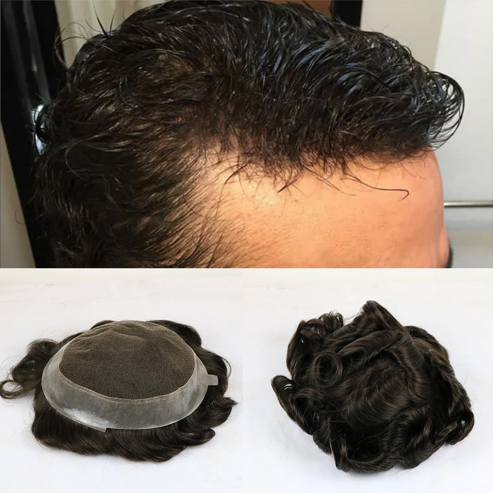 

Natural Hairline Mens Hairpieces European Human Hair Replacement System For Men Hand Tied Slight Wave Durable French Lace Wigs