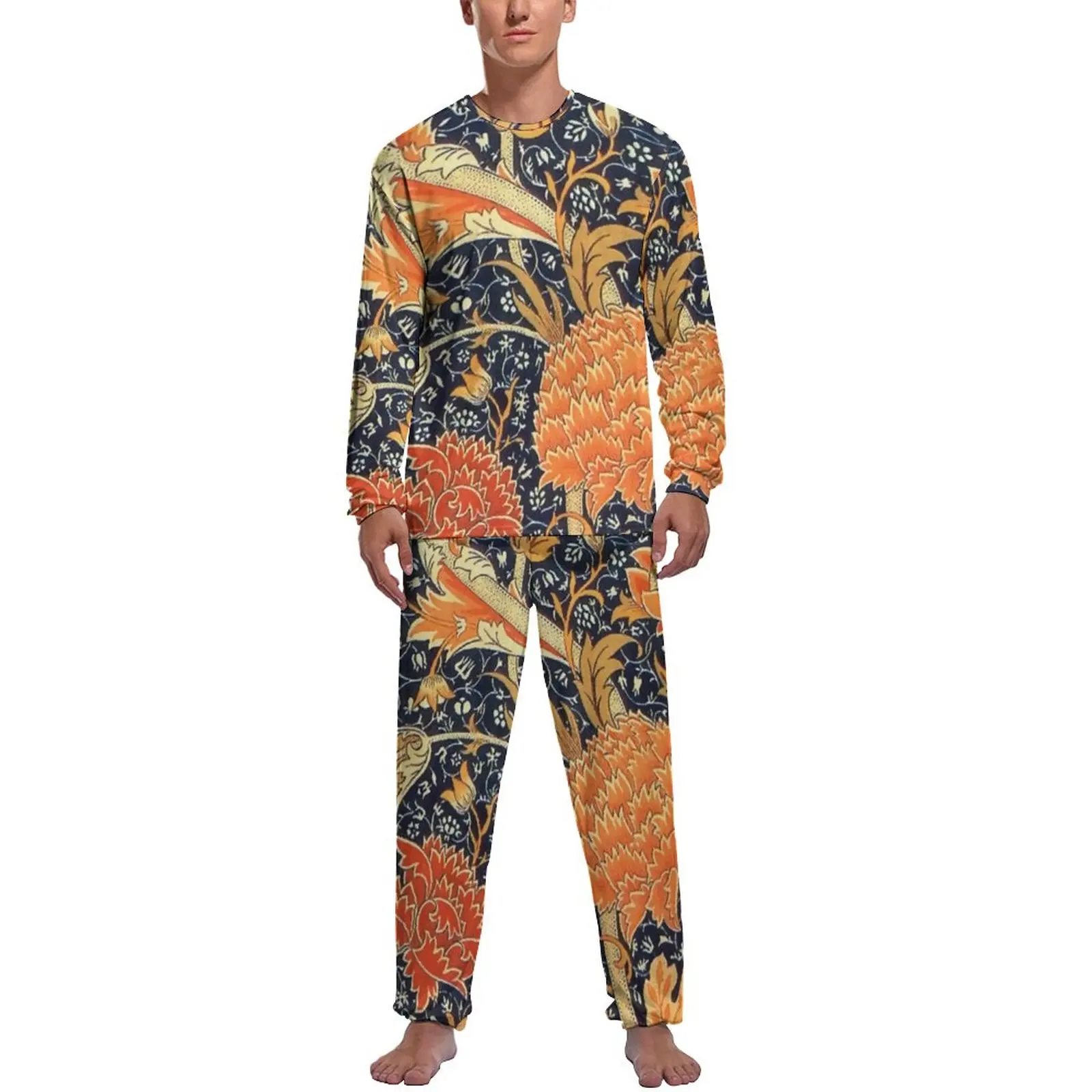 Floral Art Print Pajamas Spring Vintage Artistic Casual Sleepwear Mens Two Piece Design Long Sleeves Cute Pajamas Set