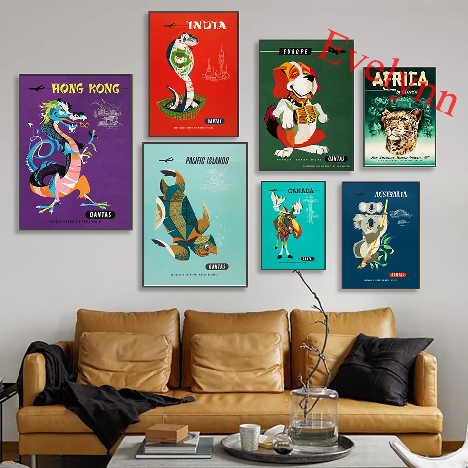 

Australian Airlines Snake Pet Dog Pard Tiger Dragon Camel Koala Animal Advertisements Travel Prints Posters Home Decor Painting
