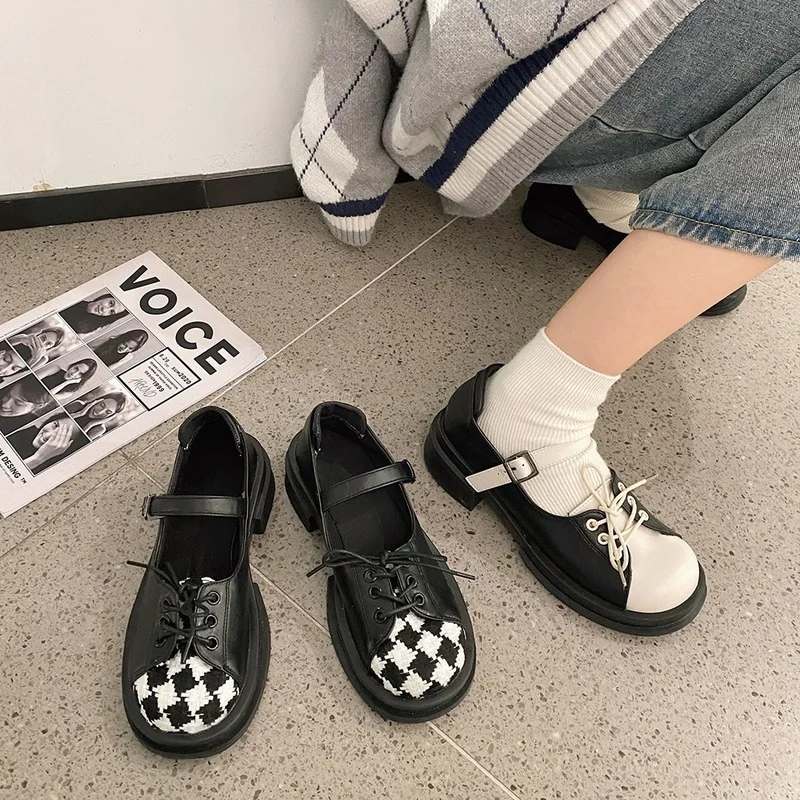

NALISHA Arrival British Style Vintage Buckle Mary Janes Shoes Women'S Shallow Mouth Casual Student Leather Shoes Thick Bottom