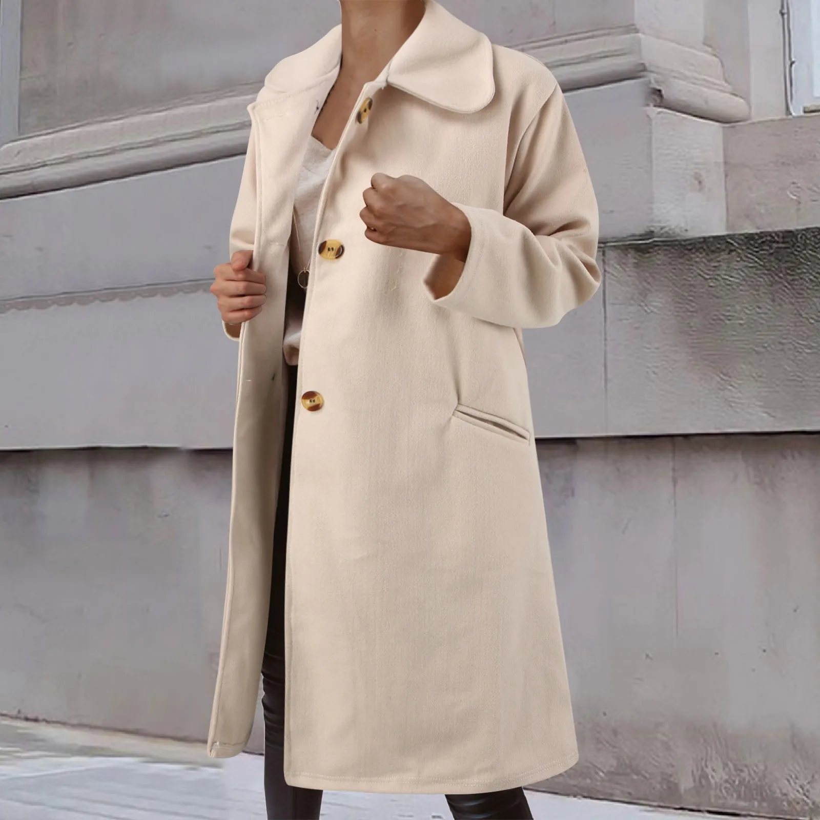 

Women's Woolen coat Winter Wool overcoat Mid Length Coat windbreak topcoat Lapel Buttoned Trench Coat Coat gabardina mujer