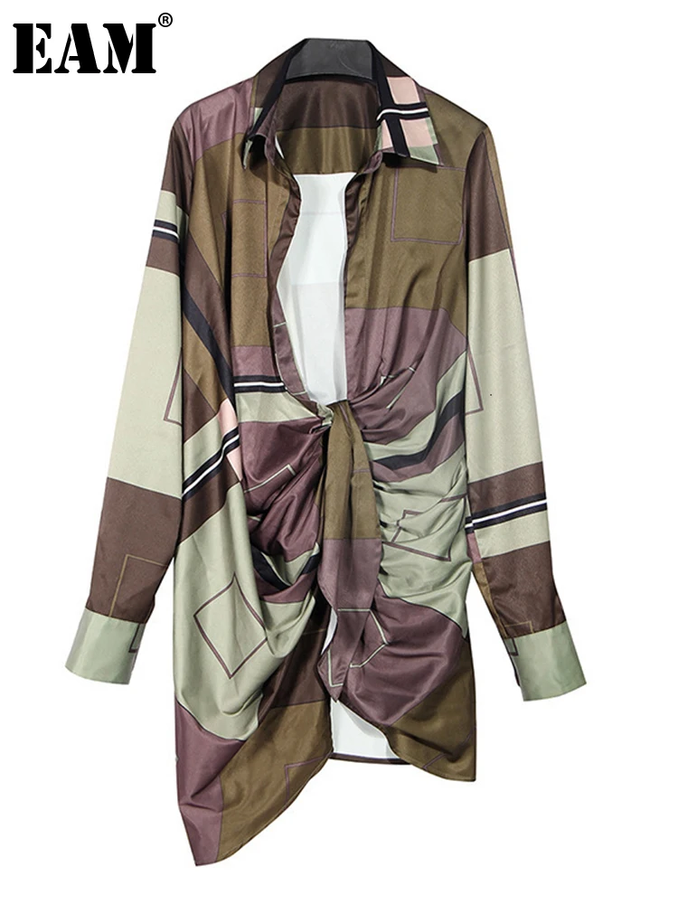 

[EAM] Women pattern printed Asymmetrical pleaed Dress New V-Neck Long Sleeve Loose Fit Fashion Tide Spring Autumn 2022 1D462