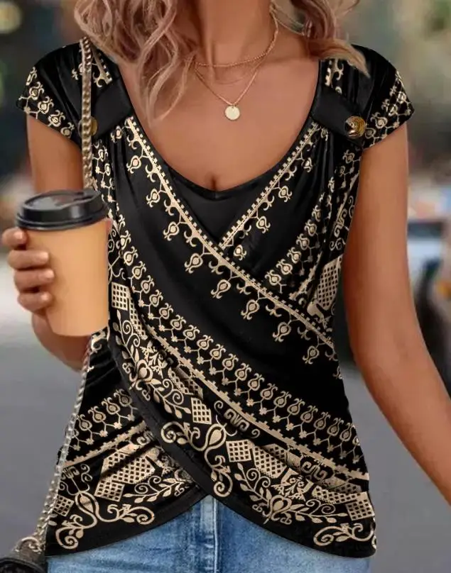 

New Fashion 2023 Summer Casual Tribal Print Deep V-Neck Cap Sleeve Wrap Top Female Clothing T-Shirts Pullover Tops