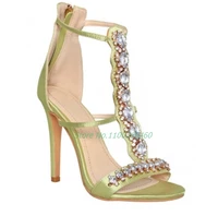 crystal gem decoration silk sandals roman t tied rhinestone stiletto zipper sexy round opentoe solid color banquet women shoes