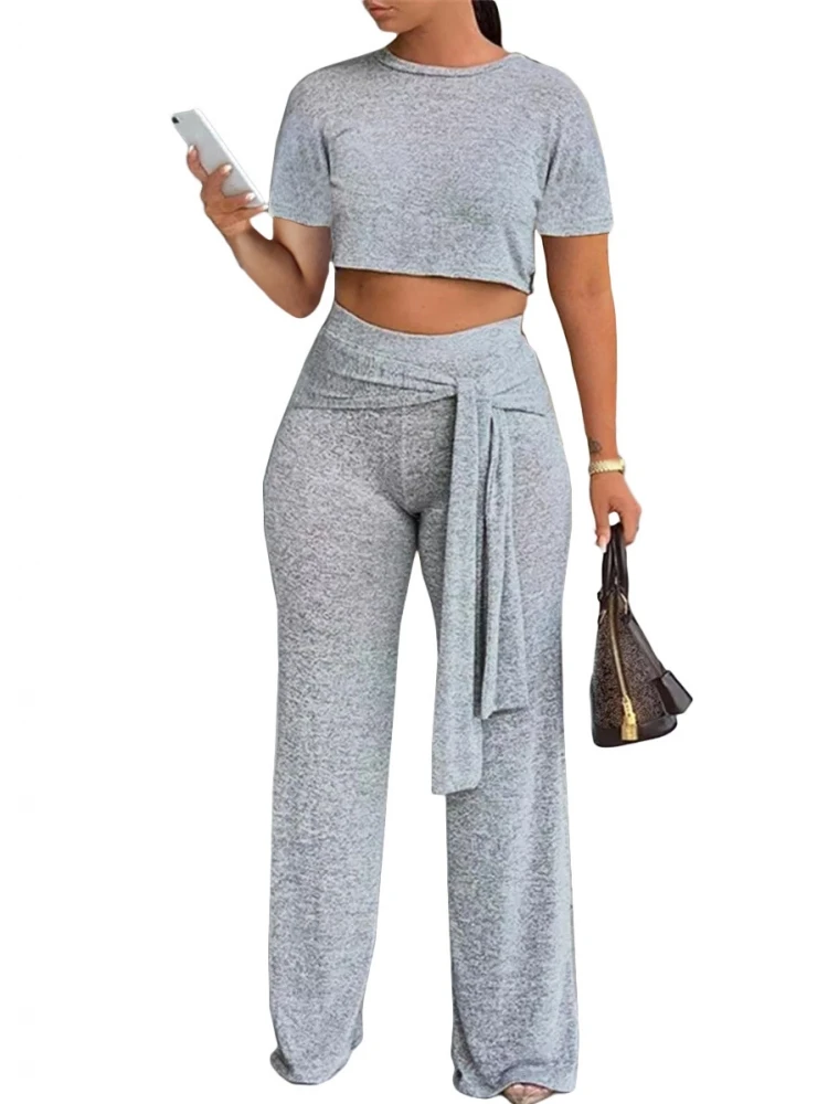 

2 Piece Women Set Short Sleeve O-Neck Top And Pants Suits Spring Summer Matching Sets Sportswear Sports Outfits Streetwear