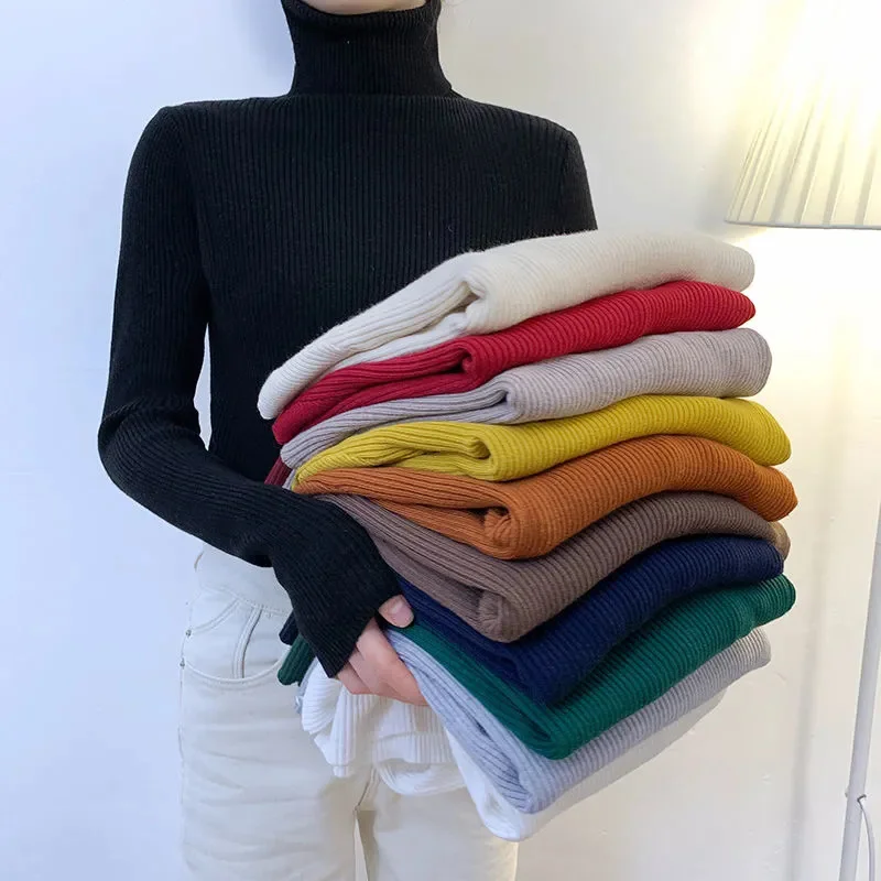 

new 2021 women sweater high-fall turtleneck jumper long thin Korean elastic base cheap jumper solid color top