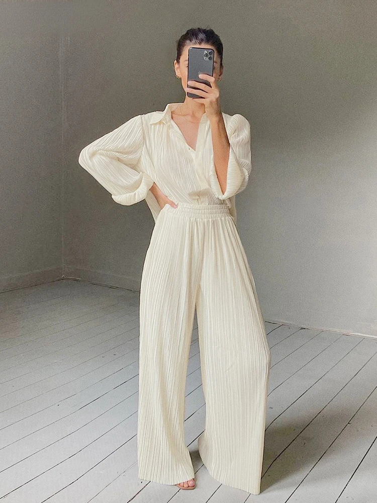 

Beige Pleated Wide Leg Pants Womens Pants Fashion 2022 Casual Loose Trousers Office Lady Elegant Long Palazzo Pants