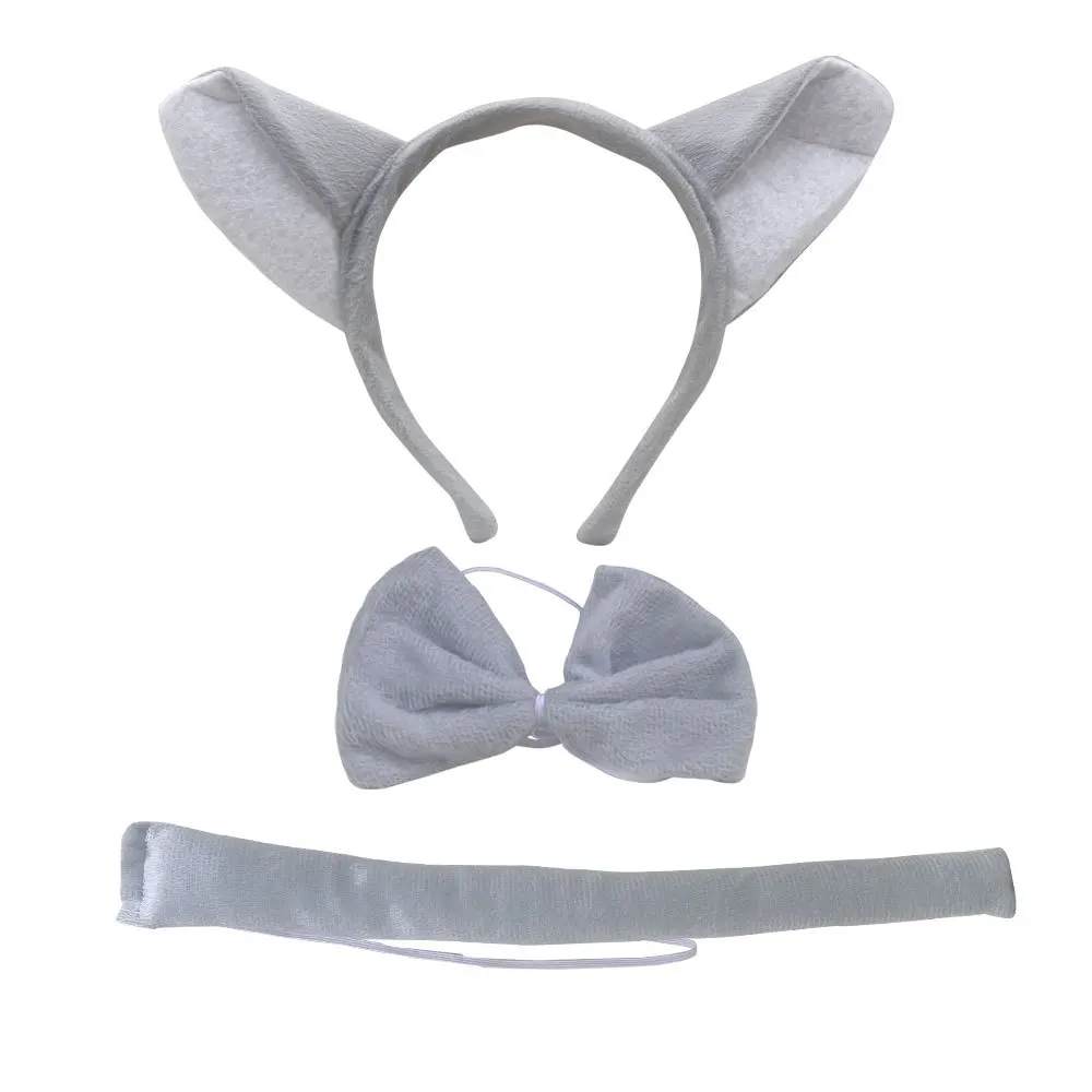 Повязка на голову с большими серыми волчьими ушками комплект из перчаток бантом