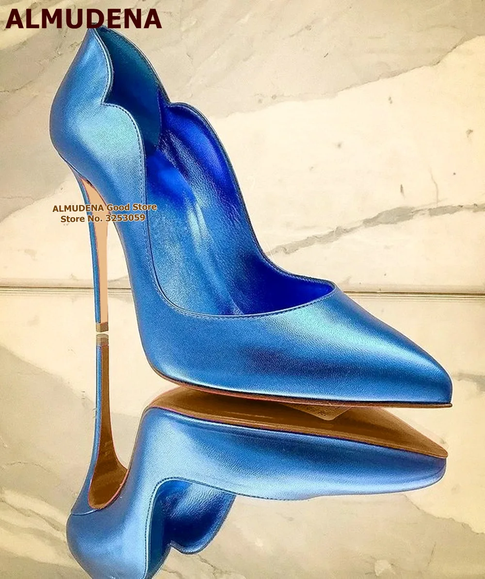 ALMUDENA Red Hologram Iridescent Patent Leather 12cm Stiletto Heels Women Pointed Toe Slip-on Dress Shoes Size45 Blue Brown