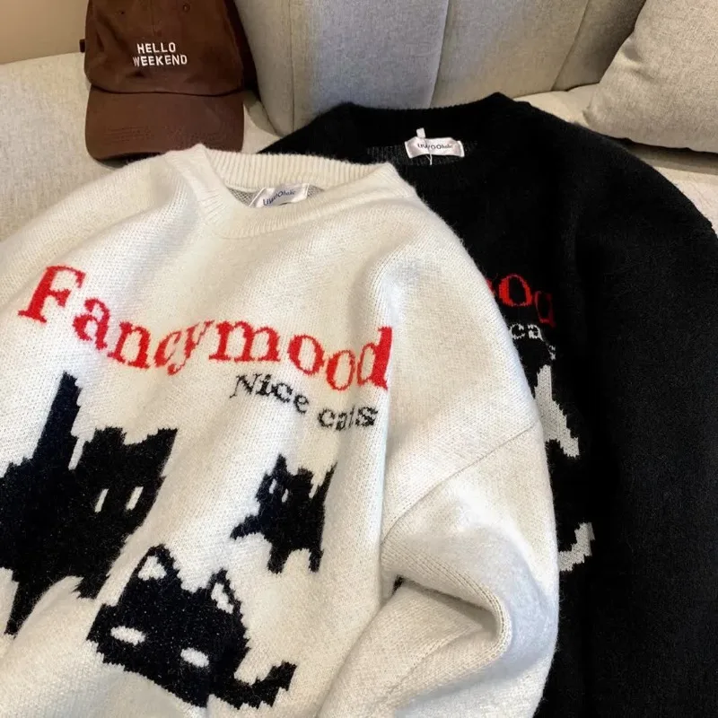 

American high street fun cat jacquard sweaters for men and women autumn and winter lazy style tops loose couple knitted sweaters