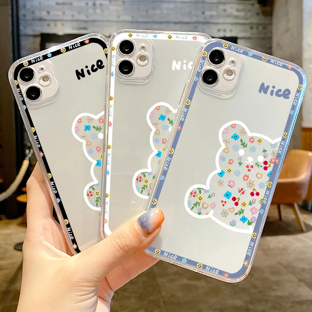

Flower Bear Phone Case For iPhone 11 12 13 14 Pro MAX 12 13 Mini X XS XR 14 Max 5 6 6s 7 8 Plus Clear Luxury Ultra Cover Coque