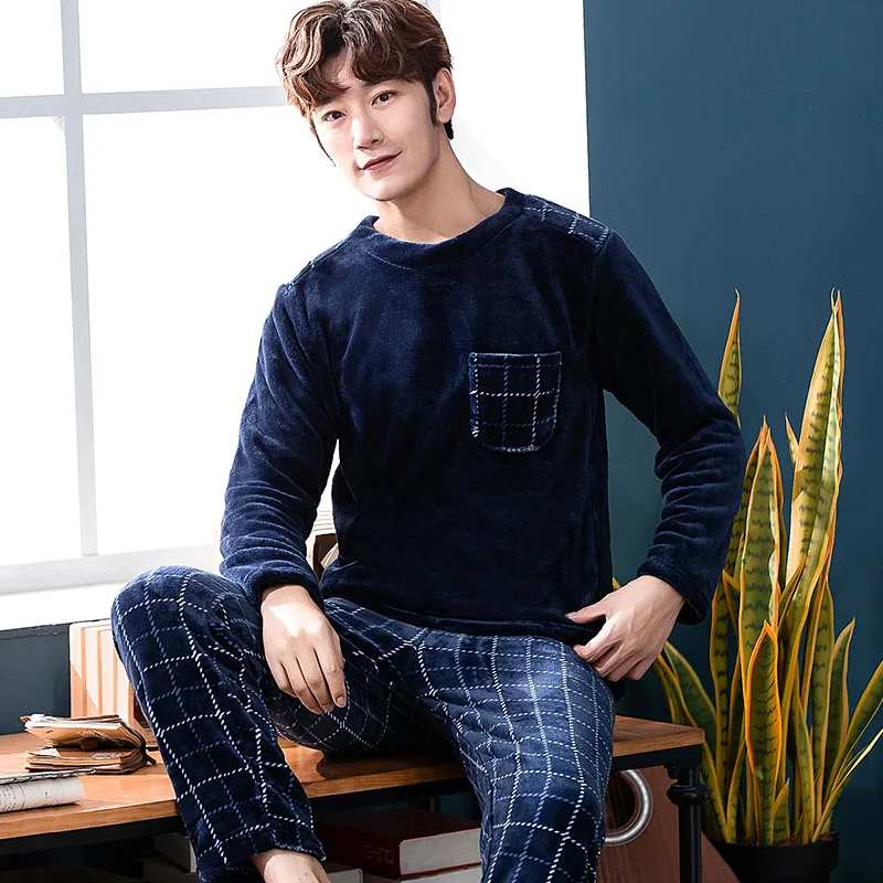 Winter Flannel Men's Pajamas Men's Suits Casual Simple Round Neck Printed Pullover Coral Fleece 2 Pieces Large Size Homewear