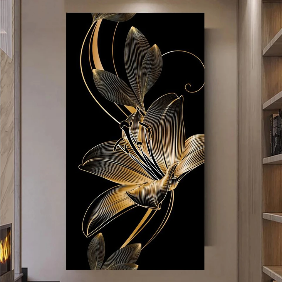 Large Gold and Black Lily 5D full drill DIY Diamond Embroidery Mosaic Kit Flowers Picture Crystal Diamond Painting S213