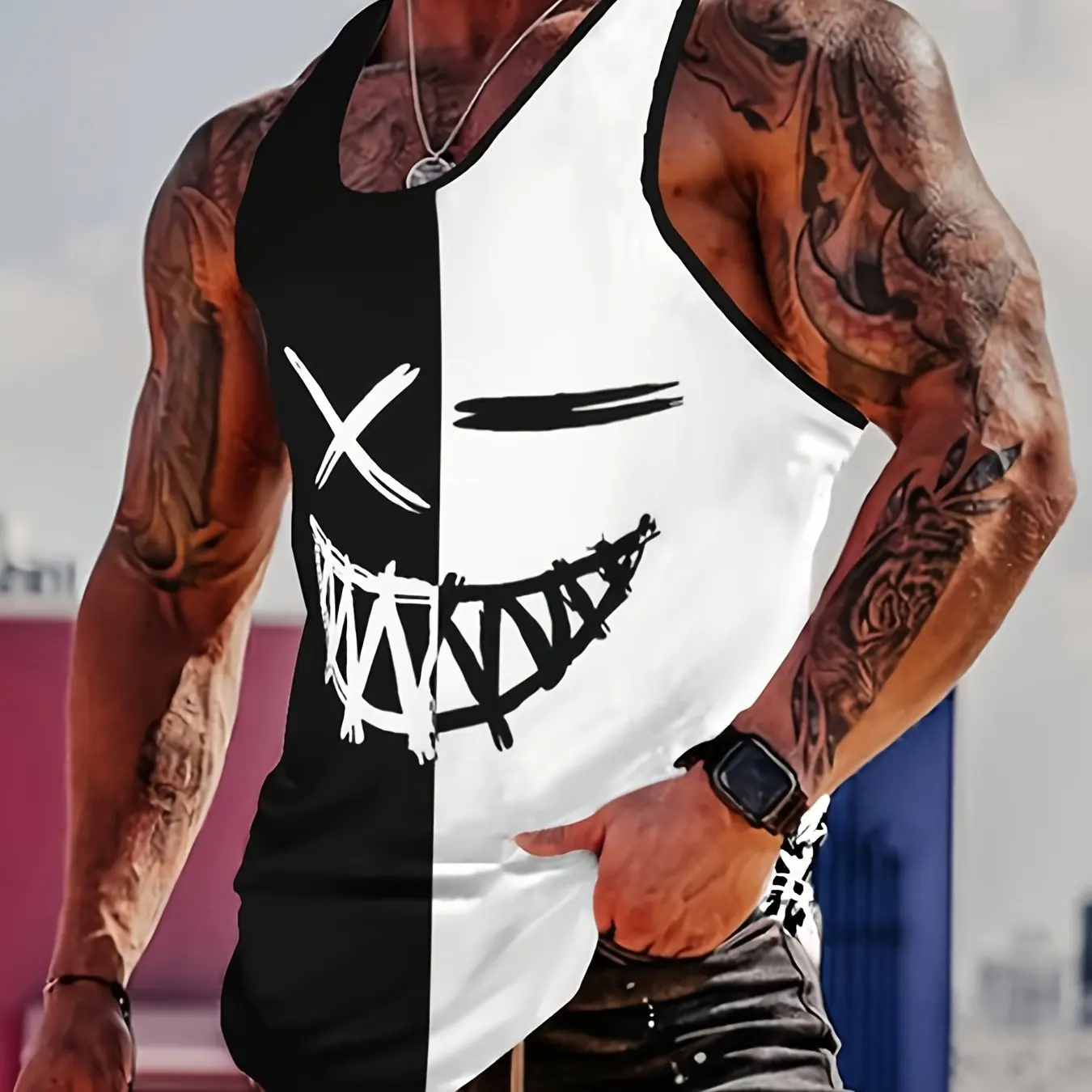 Удобная дышащая майка с принтом улыбки на лице мужская повседневная эластичная