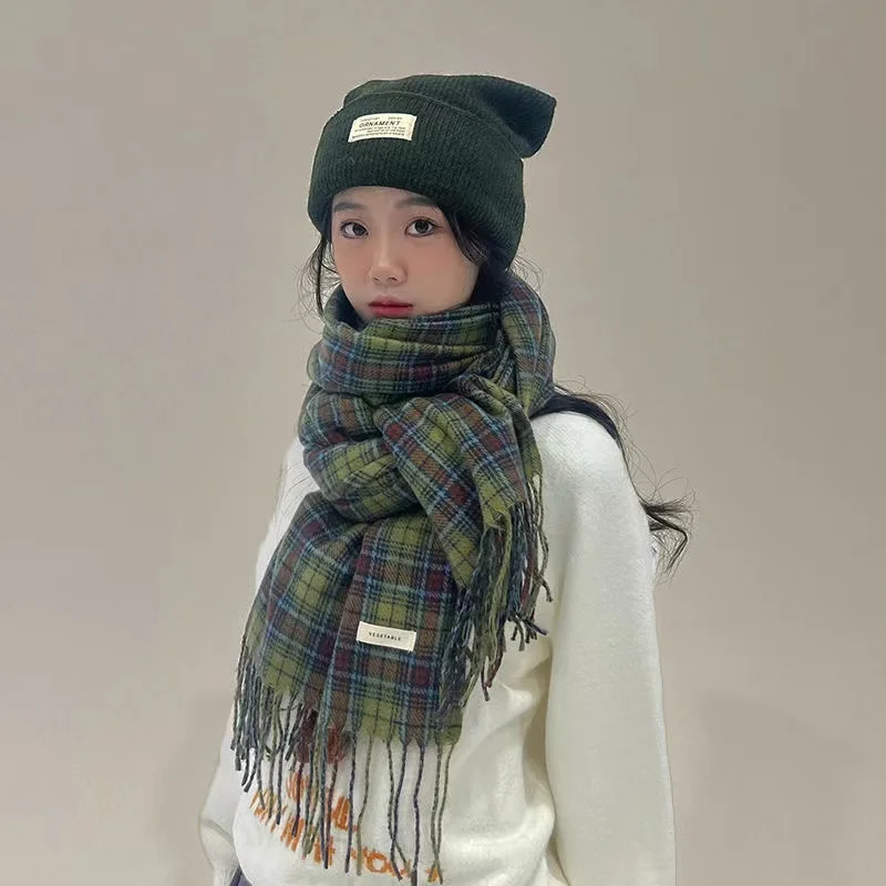 Винтажный Зеленый клетчатый шарф женская теплая длинная шаль из пашмины зимние