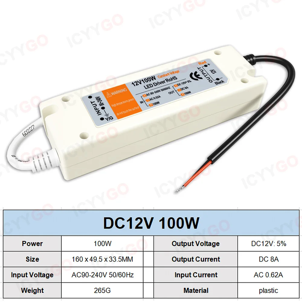 Фото Светодиодный драйвер DC12V, источник питания переменного тока 110 В/220 В в постоянный ток 12 В, подходит для светодиодных лент мощностью 18 Вт, 28 Вт, 48 Вт, 72 Вт и 100 Вт, светодиодный драйвер-трансформатор №5