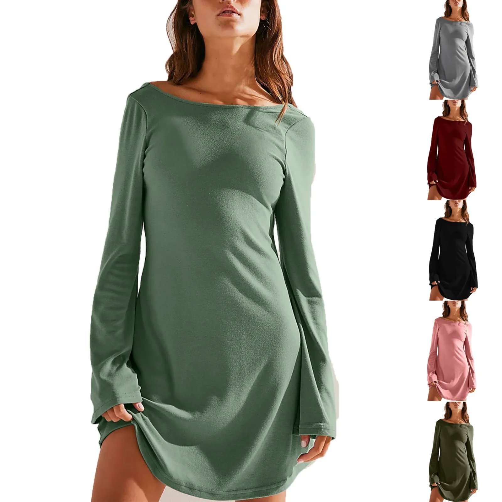 

Женское модное однотонное мини-платье с круглым вырезом, длинным рукавом, открытой спиной и низкой талией, Повседневное платье, женское платье-рубашка