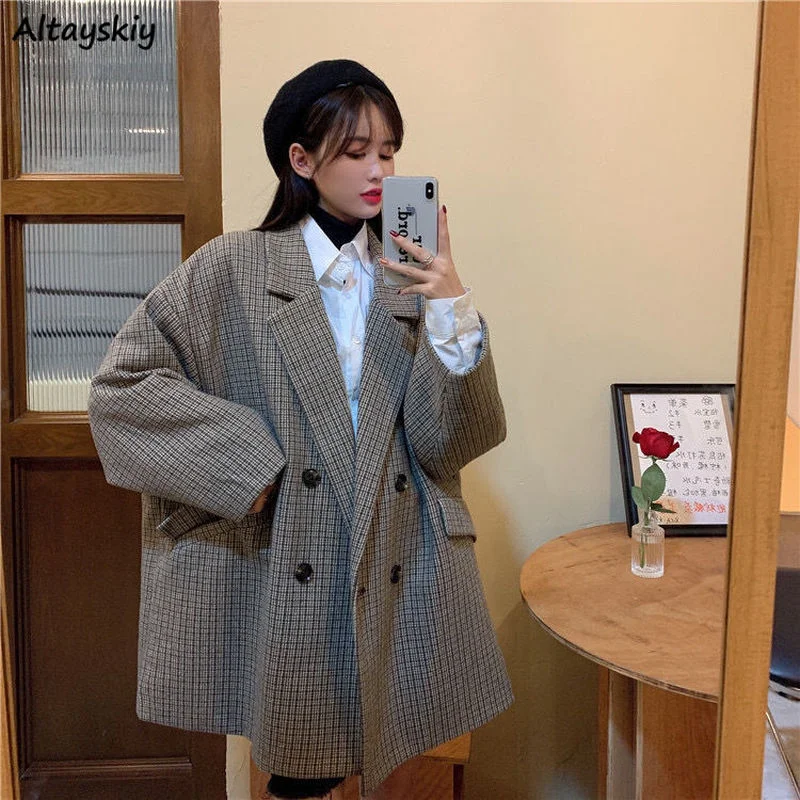 

Women Plaid Blazers Autumn Double Breasted Vintage Coats Students Notched Collar Elegant Classic Casual Womens Blazer Hot Sale