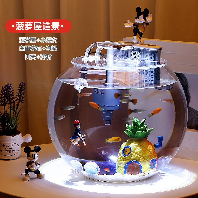 

Новый ультрабелый стеклянный аквариум для рыб Домашний Настольный маленький экологический круглый аквариум для золотой рыбы без воды для ...