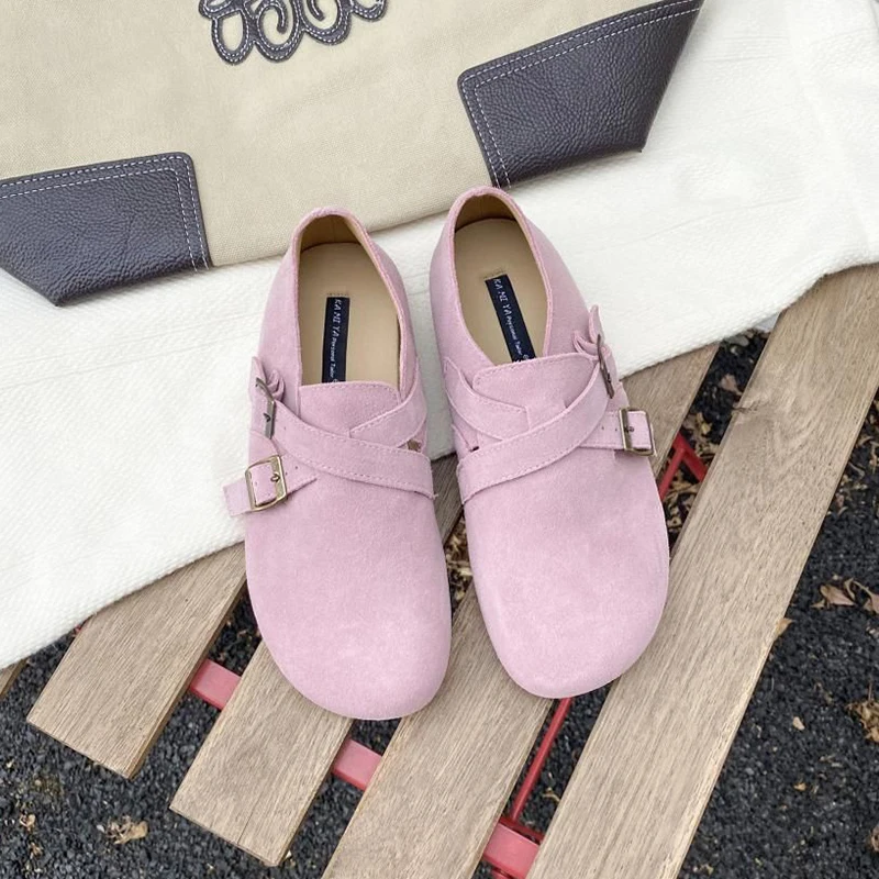 

2023 Women Cow Suede Flat Shoes Mori Girl Style Flats Shoes Woman High Quality Retro Flat Shoes Ladies Buckle Slip On Shoes