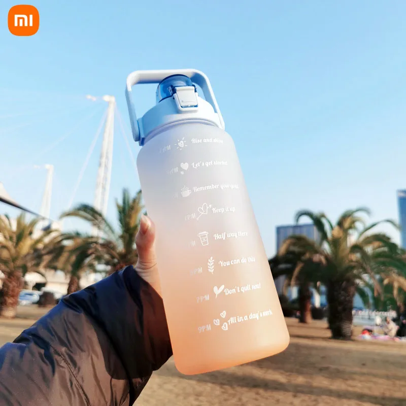 Симпатичная пластиковая Спортивная бутылка для воды Xiaomi 2000 мл градиентная портативная чашка для воды с таймером для путешествий уличная шк...