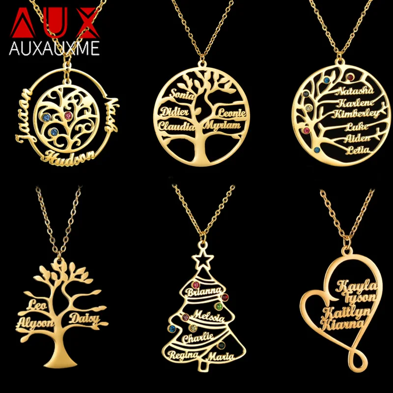 Auxauxme Custom Family Names Necklaces Stainless Steel Personalized Multi-Names Colorful Stone Tree Nameplate Choker Jewelry