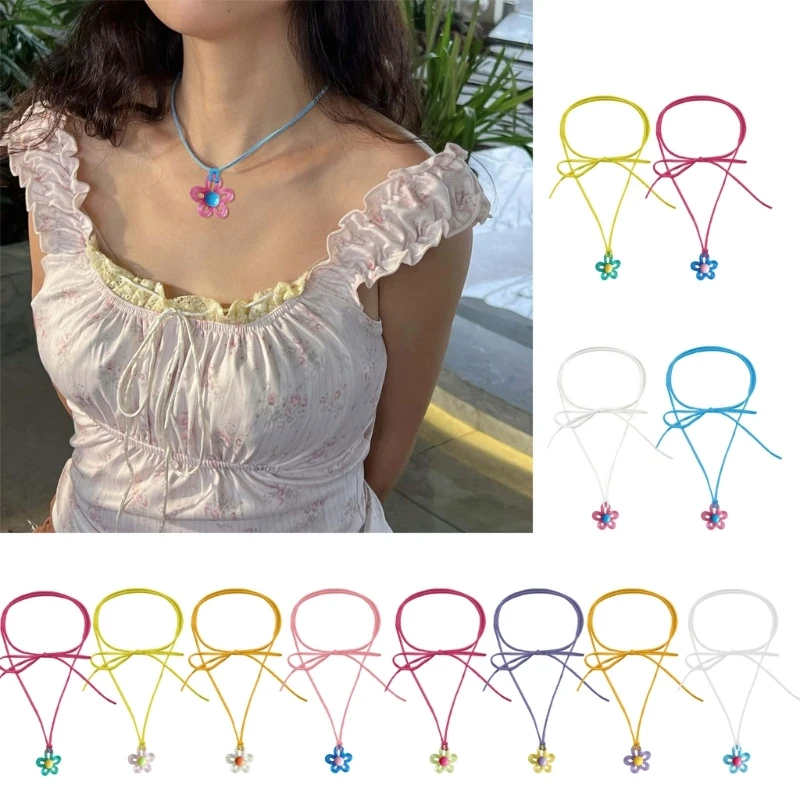 

Colorful Flower Clavicle Chain Flannelette Rope Acrylic Flower Choker Summer