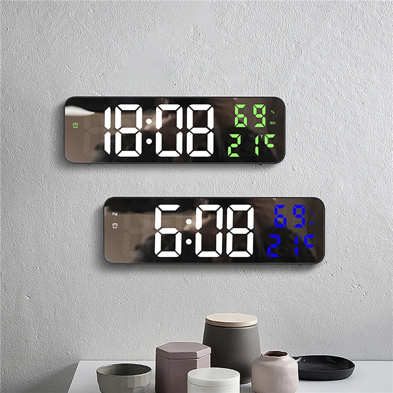 

Bedroom Tabletop Electronic Mirror Alarm Clock LED Digital Display Watch Date Time Temp Humidity Display Wall Hanging Clock