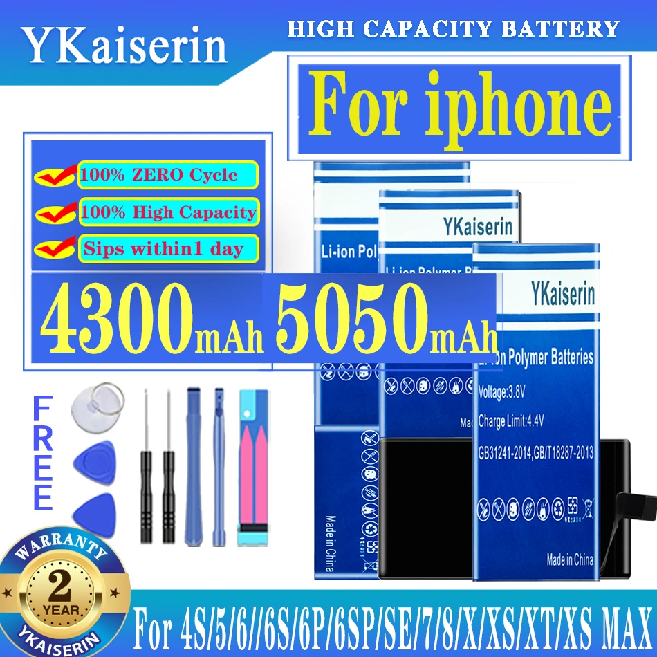 Batteria YKaiserin per IPhone 4s 6S 6 7 8 6s 6 plus iX iXR iXS Batteria di ricambio per Apple 5 5S 5C Se Batteria Track Code