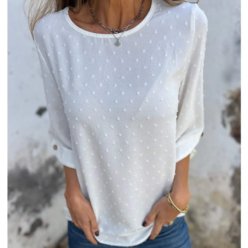 Europe and the United States spring autumn round collar chiffon jacquard fashion casual loose shirt T-shirt women's wear