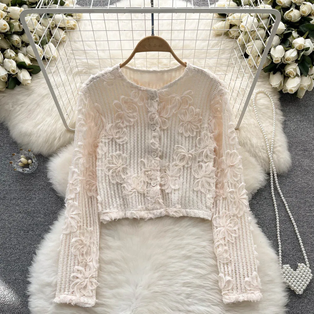 

Elegant Women's Tops Tie Flowers White/Black Long Sleeve Single Breasted Open Stitch See Through Female Short Blouse 2022 New