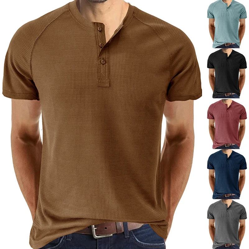 

Футболка мужская на пуговицах, короткий рукав, реглан, Хенли, Повседневная рубашка с воротником «Генри», на лето