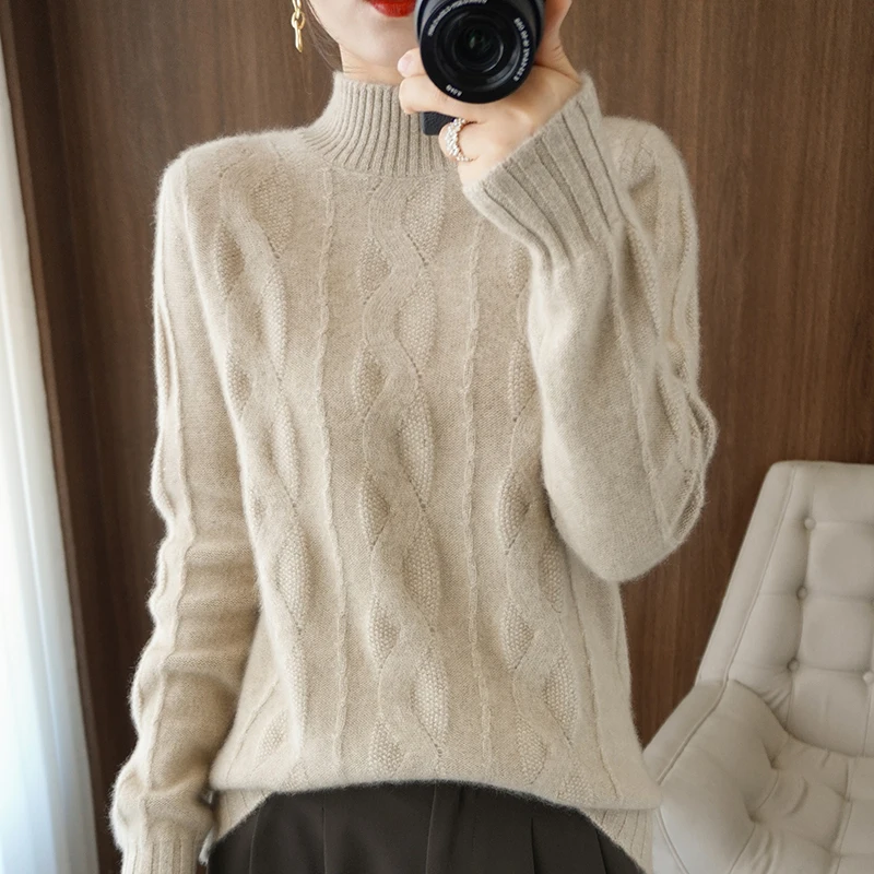

Женский кашемировый свитер, повседневный вязаный пуловер из 100%-ной шерсти, с полувысоким воротом, корейский стиль, куртка большого размера, Осень-зима 2021