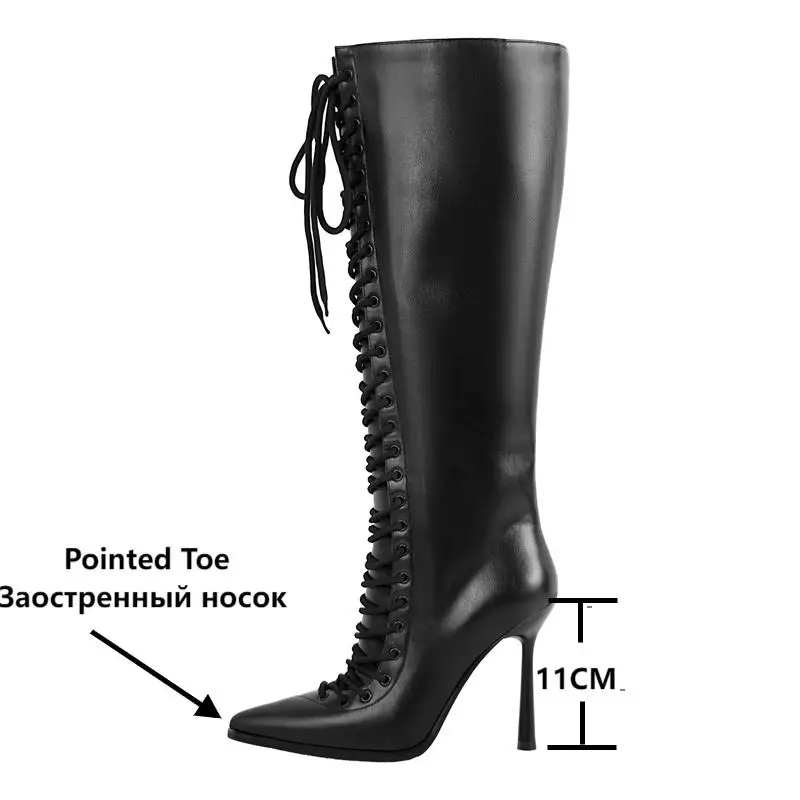 Фото Onlymaker Сапоги до колена из искусственной кожи с острым носком на шнуровке Модные элегантные ботинки на тонком каблуке с боковой молнией №2
