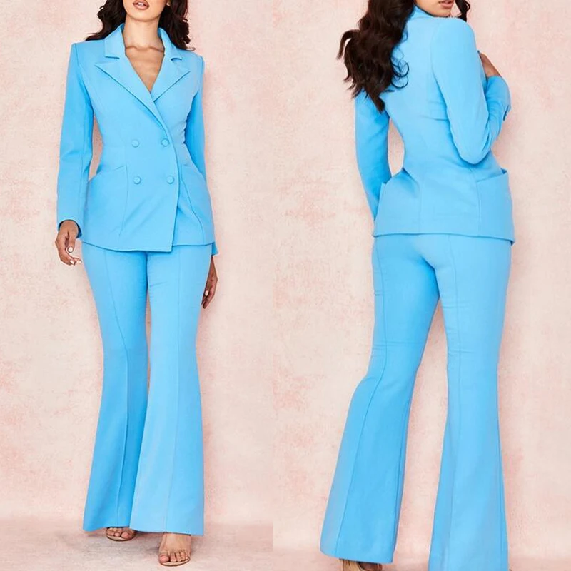 

костюм женский Double Breasted Women Suits Sky Blue 2 Pieces Peaked Lapel Jacket Flare Pants Custom Made Party Prom Blazer