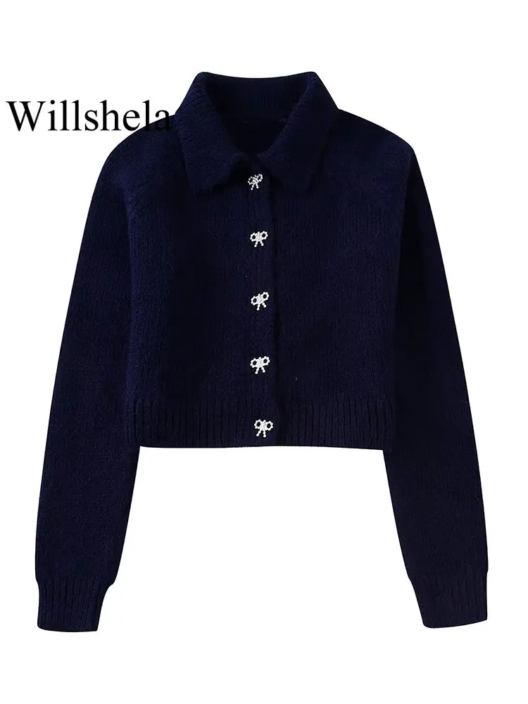 

Willshela Women Fashion Solid Bow Single Breasted Cardigan Sweater Vintage Long Sleeves Lapel Neck Female Chic Lady Tops Outfits
