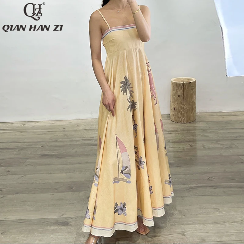 

Qian Han Zi Designer Fashion Runway Spaghetti Strap Maxi Dress vintage pattern print Slim linen cotton maxi dress women summer