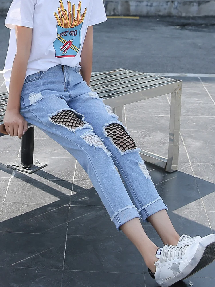 

Women Jeans Black Fishing Net Big Hole Ripped Grunge Streetwear Denim Pants Boyfriend Wash Casual Trouser summer 2023