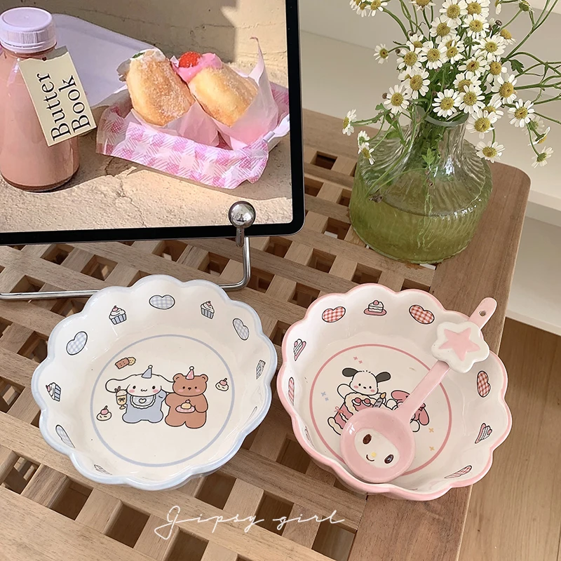 

Kawaii Sanrioed Anime Cartoon series mymelody Cinnamoroll cute fashion Lace Ceramic Bowls Breakfast Bowls Children's Cutlery