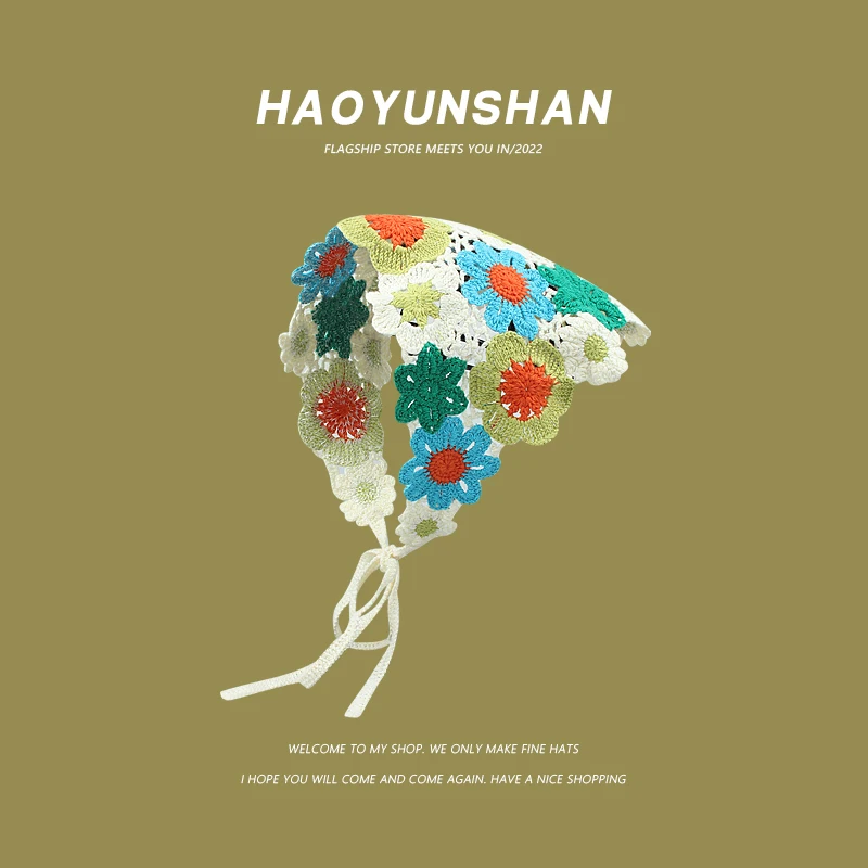 

Korean Women's Hairband Sweet and Cute Colorful Flowers Knitted Triangle Headscarf Girly Handmade Crochet Wool Pullover Hats