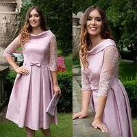 2022 classic short pink mother of the bride dresses half sleeve tea length a line party gowns applique lace vestido de madrinha