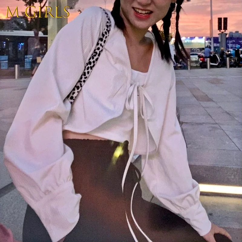 

M GIRLS Cardigan Women Lace Up Loose Cropped Student Sweet Cute Leisure Simple Comfortable Summer Sun-proof Trendy Female New