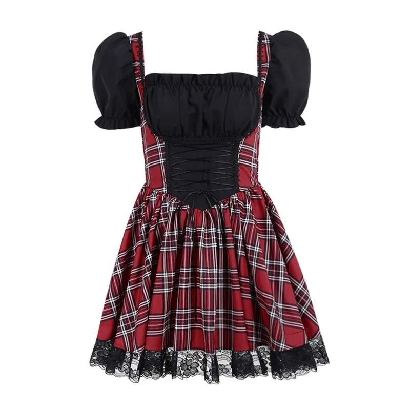 

Women Puff Short Sleeve A-Line Ruffled Hem Mini Dress Punk Plaid Print Lace-Up High Waist Pleated Lace Trim Streetwear