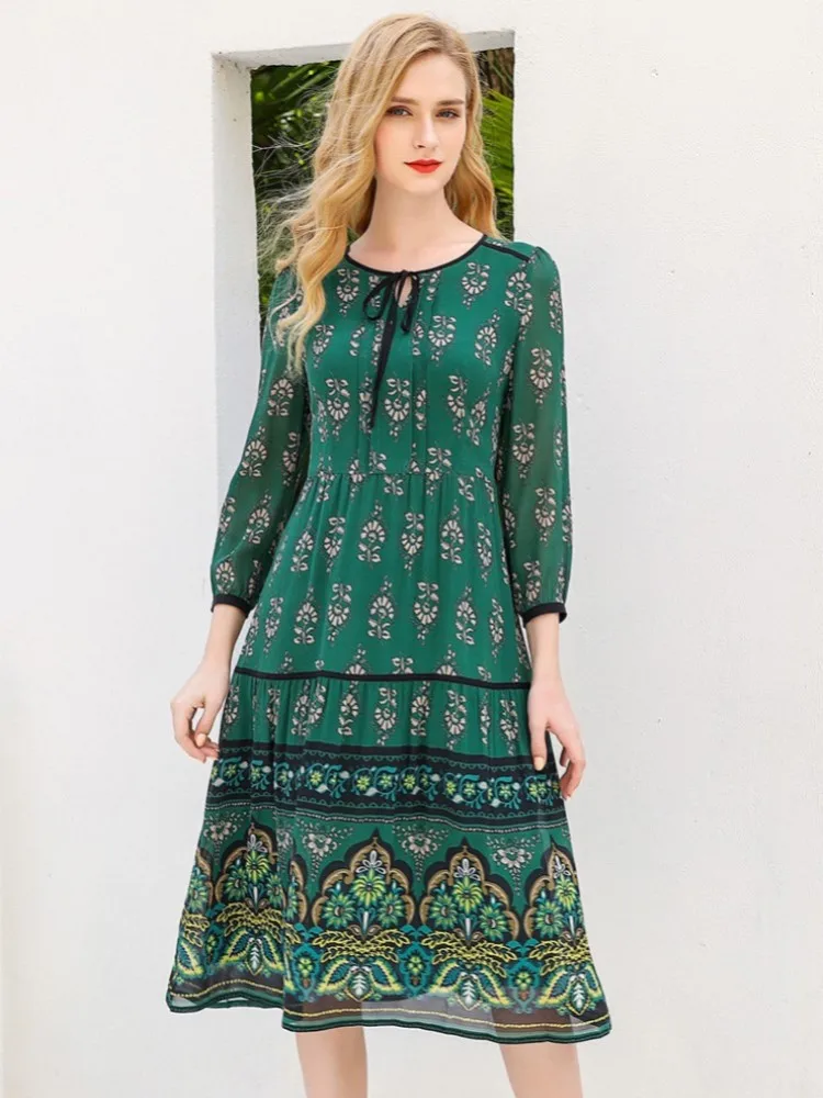 

Gowani Women's Dress Ethnic Mulberry Silk Vintage Print Mid Sleeve Round Neck Knee Length Elegant Fashion Summer Beach Party