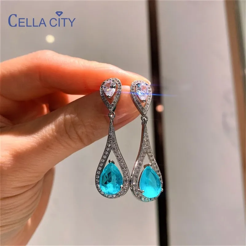 

Cellacity Real 925 Sterling Silver Drop Earring For Women With 8*10mm Paraiba Water Drop Shape Gemstones Wedding Fine Jewelry