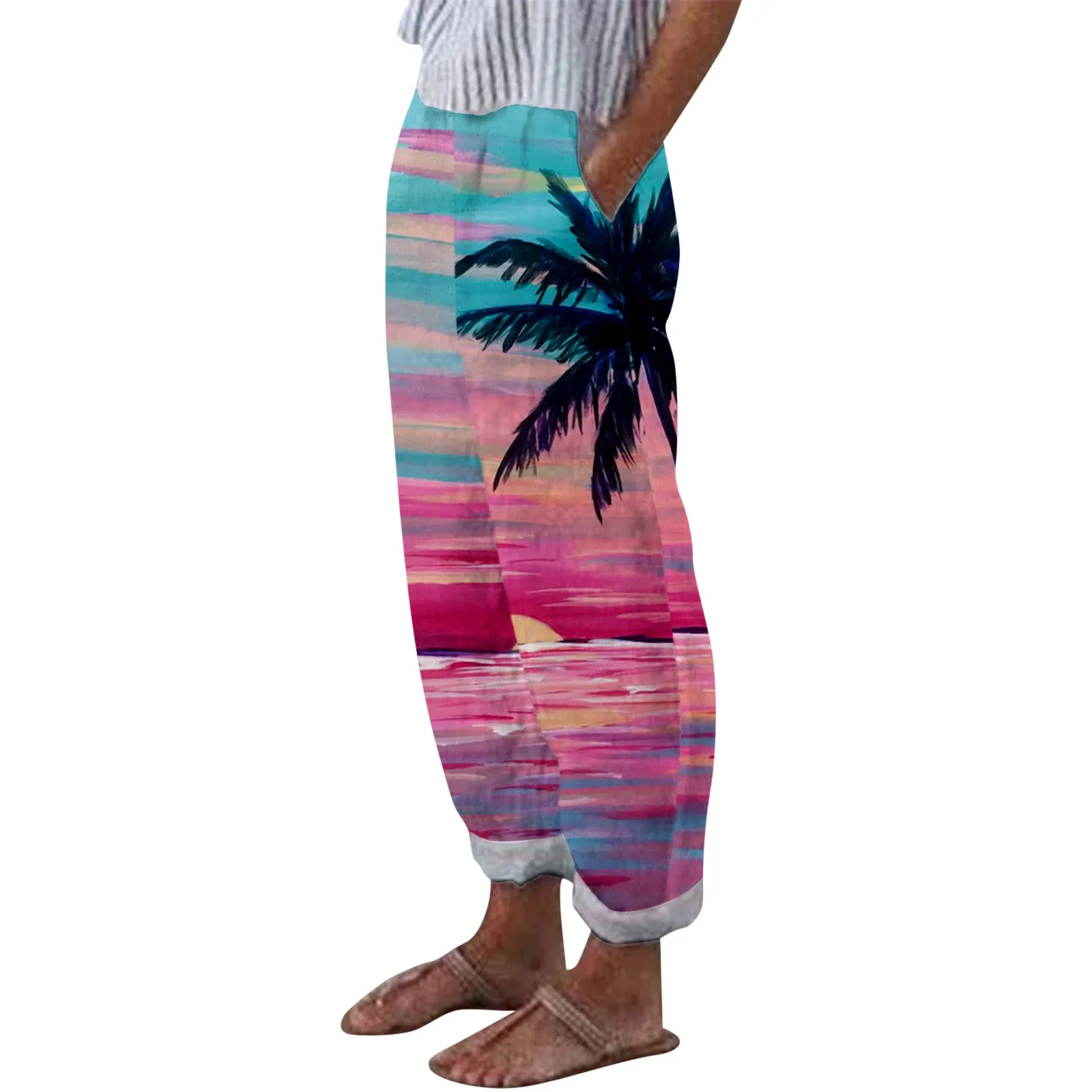 

Женские пляжные шаровары с принтом в стиле бохо, Летние повседневные свободные брюки с широкими штанинами и карманами, Удобные Хлопковые Штаны с эластичным поясом