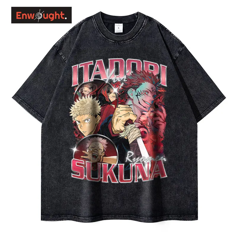 

Футболка Itadori Yuji, винтажная промытая аниме ююютсу кайсен, футболки оверсайз, уличная одежда в стиле ретро, топы манга, риомен, сукуна, мужские футболки