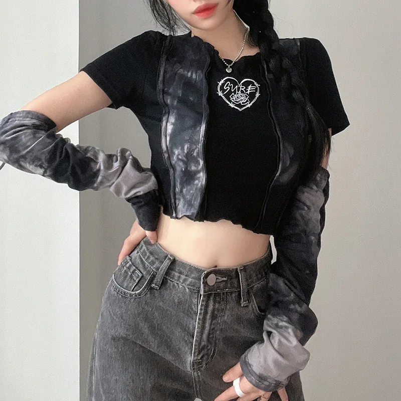 

Gothic T Shirts Woman Tie Dye Print Crop Top Summer 2023 Black Love Shape Embroidery Tshirt Y2k Streetwear Casual Clothing 2000S